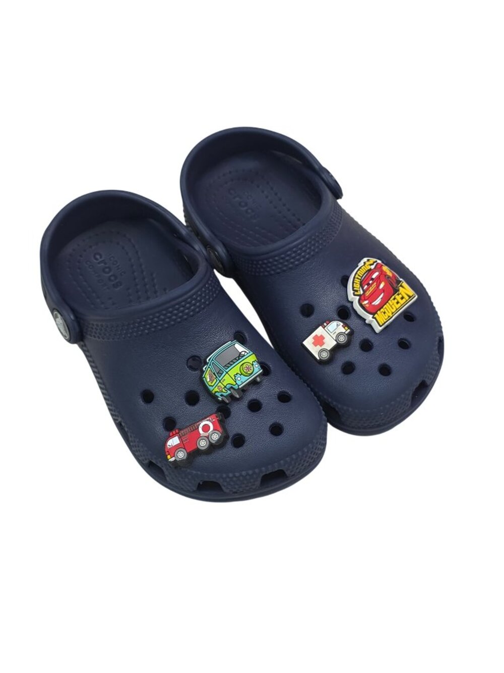 Crocs Classic Clogs Kids C9 Fun Vehicle Charms Lightning McQueen Firetruck Navy
